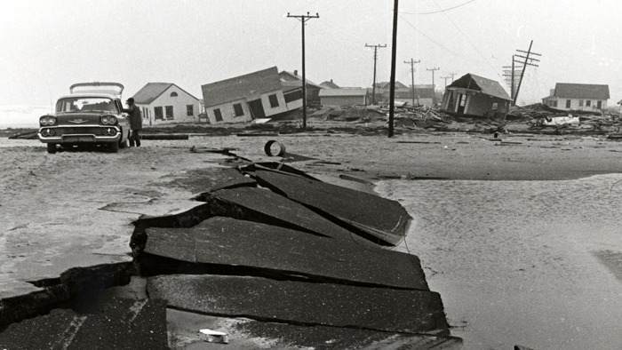 Hurricane damage on a road from a hurricane in the 1960s