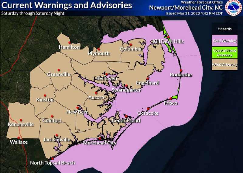 Coastal Flood Advisory, High Surf Advisory, and Wind Advisory in effect