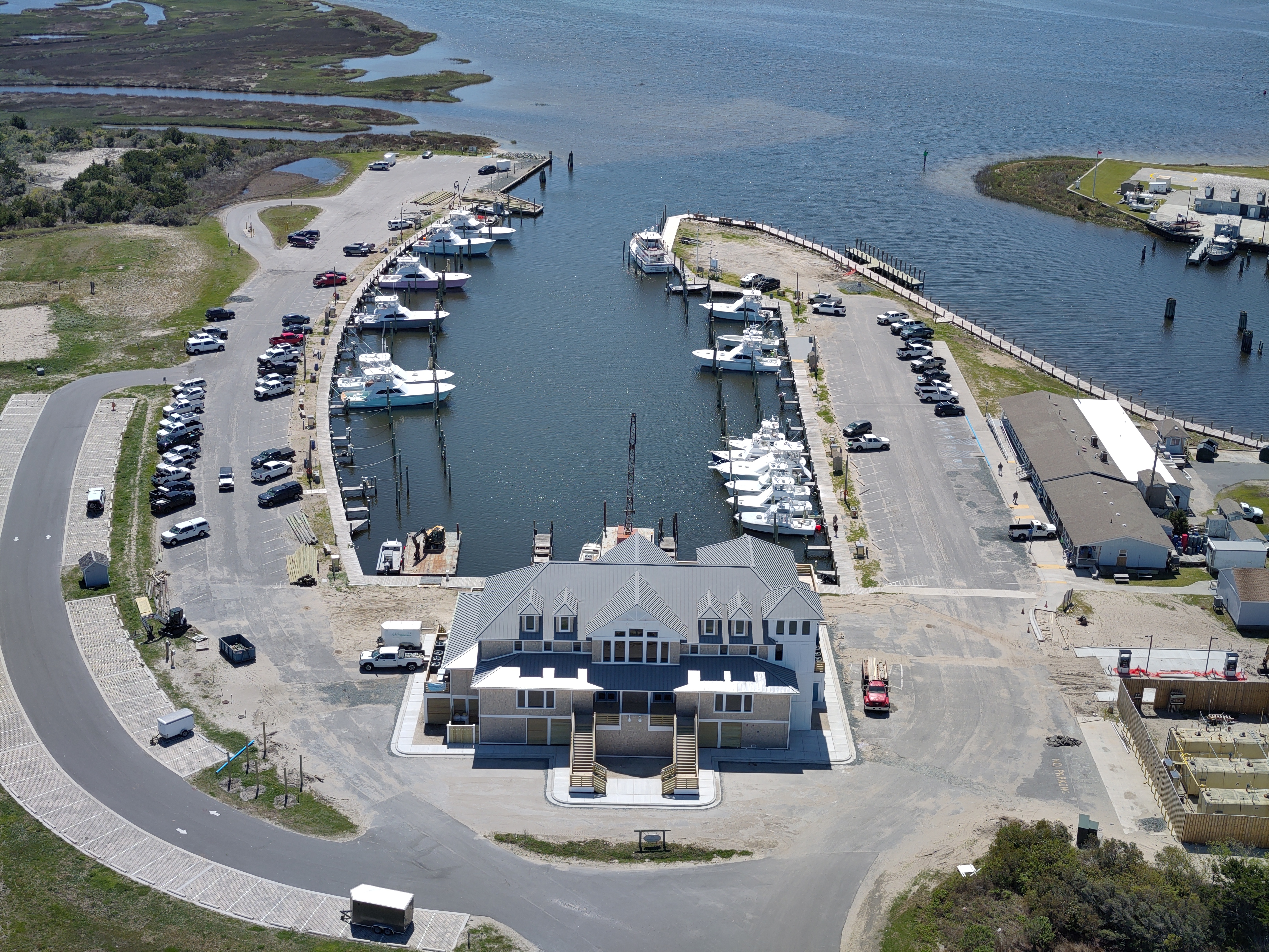 Aerial view of the replacement marina store and restaurant facility at the Oregon Inlet Marina