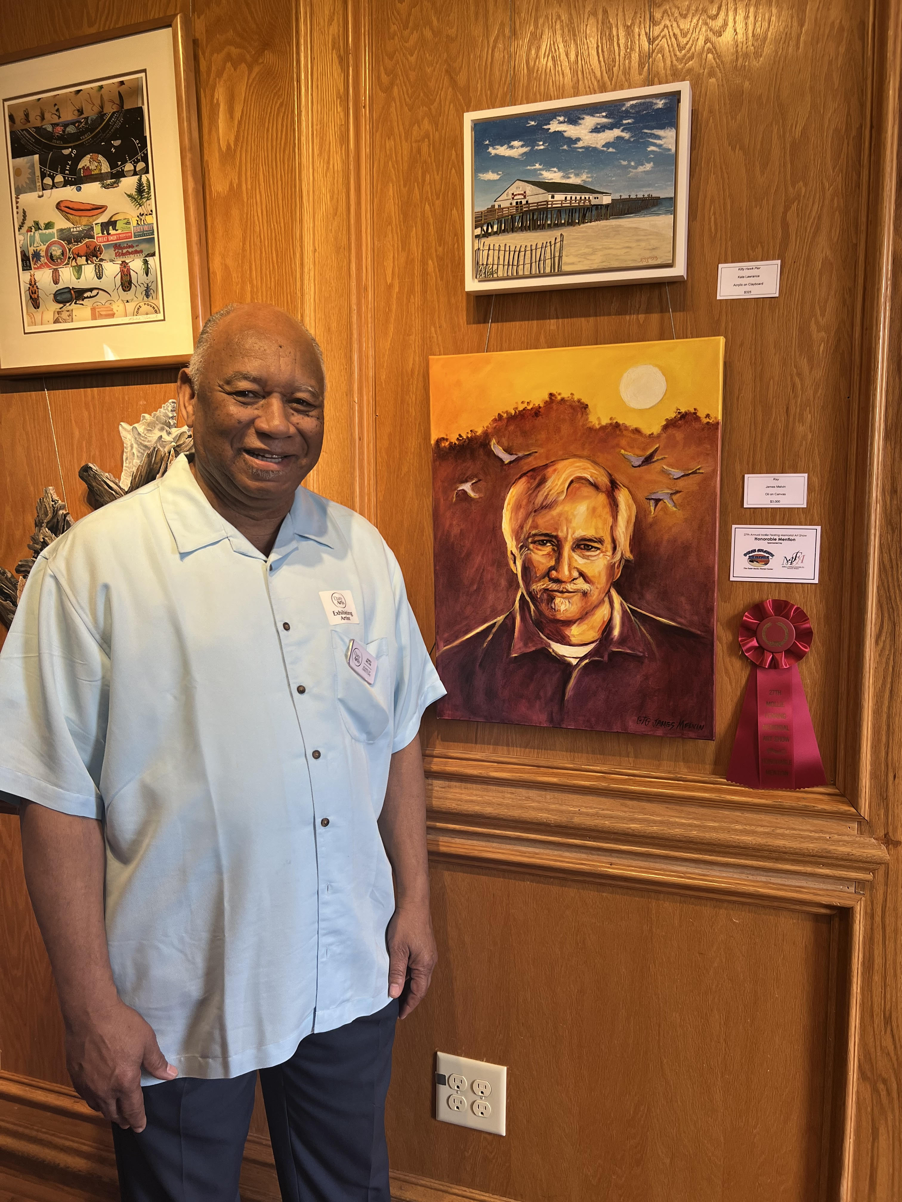Honorable Mention award recipient James Melvin and his piece “Ray” (oil). Photo courtesy of Dare Arts.