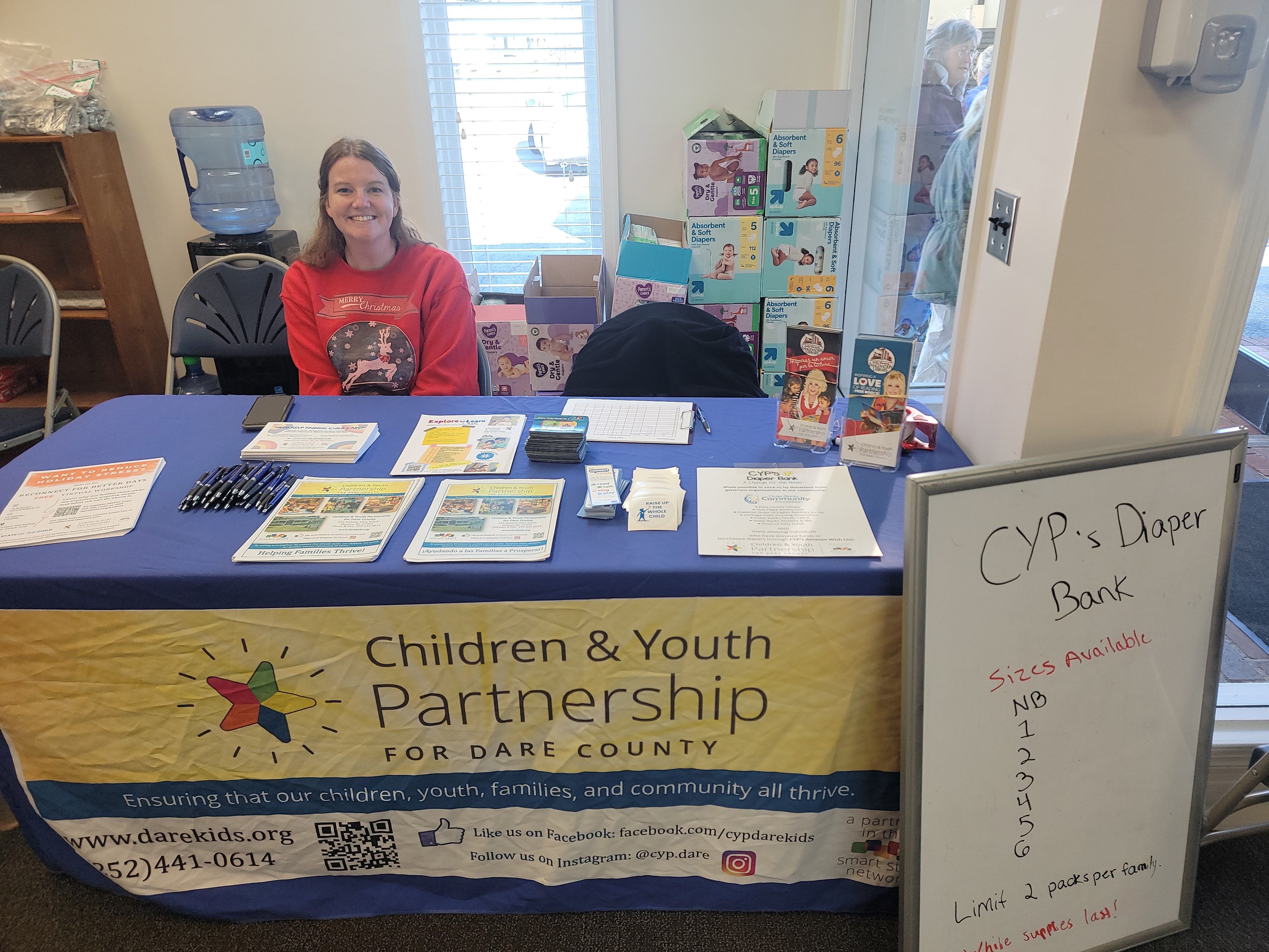 CYP's Family Support Services Coordinator Molly McGinnis at CYP's most recent Diaper Pick-Up event in Buxton. Photo courtesy of CYP.